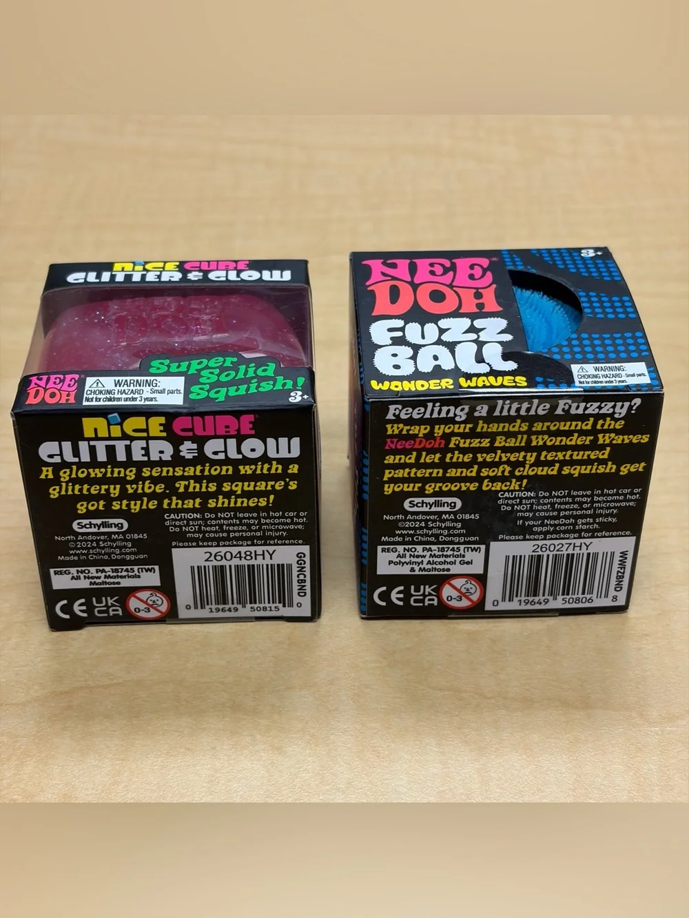 Lot of 2: Needoh Fuzz Ball Wonder/Nice Cube Glitter & Glow Fidget Blue/Pink New